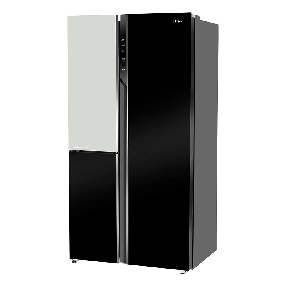 Haier Vogue Series 598L , Black White Glass Finish 3 Door Convertible Side By Side Refrigerator HRT-683KWG